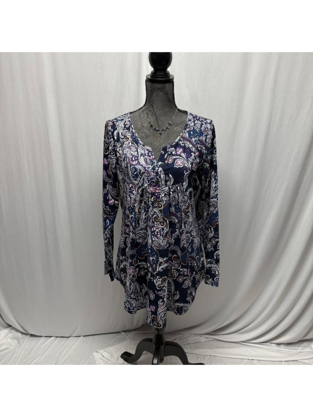 Halife Long Sleeve Paisley Tunic Womens Sz Large Navy Pink Top Comfy Casual Top